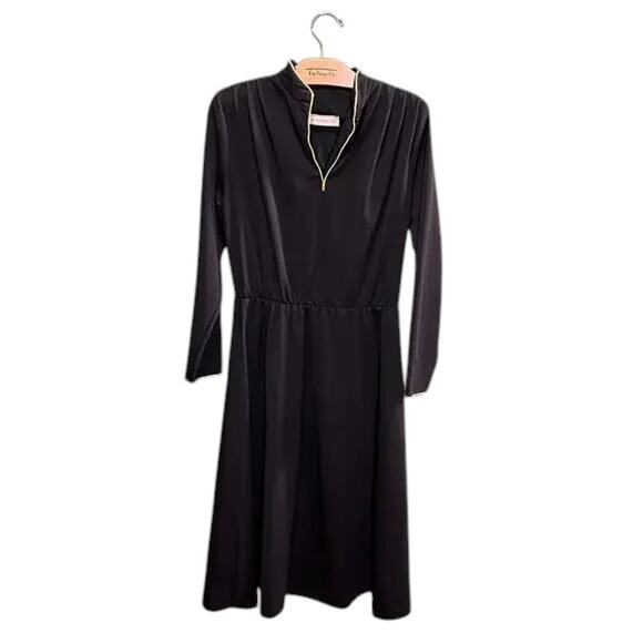 Vintage Landou Black Dress Size 10 Gold Trim Long Sleeve Midi - Picture 2 of 9